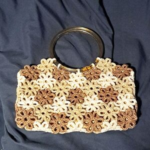 Handcrafted flower design boho crochet purse cream brown